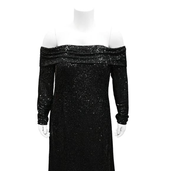 Rene Ruiz Off the Shoulder Sequin Gown Plus Size 20 Black Maxi Length Front Slit - Picture 3 of 5